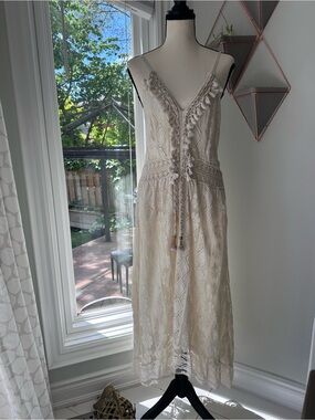 HANDMADE Boho Lace Midi Maxi Dress Cream White V-Neck Slip Dress Bohemian Size L